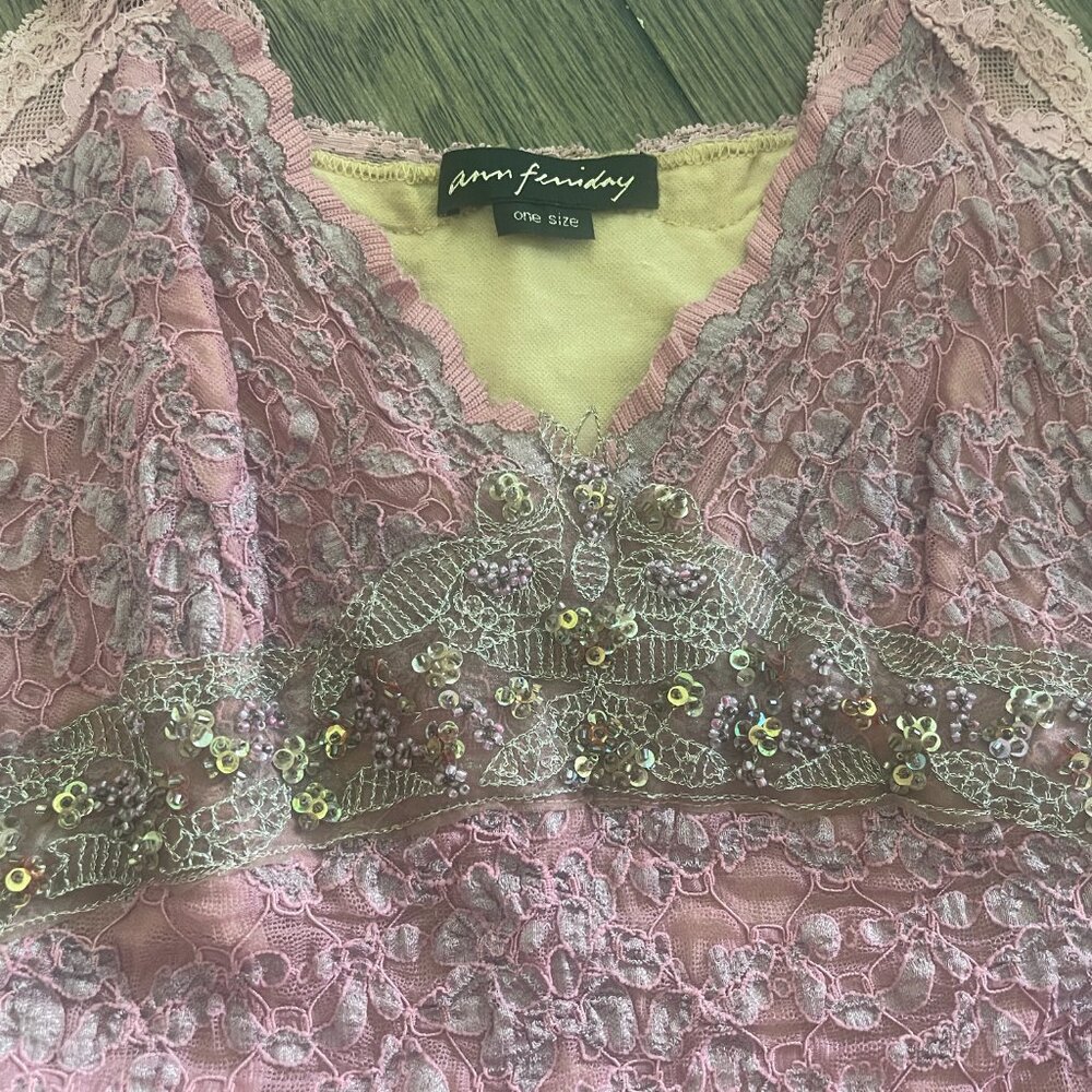 Vintage Rare Y2K Ann Ferriday Beaded Sequin Lace Pink Fairy Top Cami OS - Picture 5 of 5